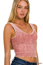 SAND BEIGE WASHED RIB CROP V NECK TANK W/ REMOVABLE BRA-42POPS