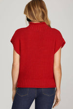 RED DROP SHOULDER SLEEVELESS MOCK NECK KNIT SHORT SLEEVE SWEATER-Peace Love Line