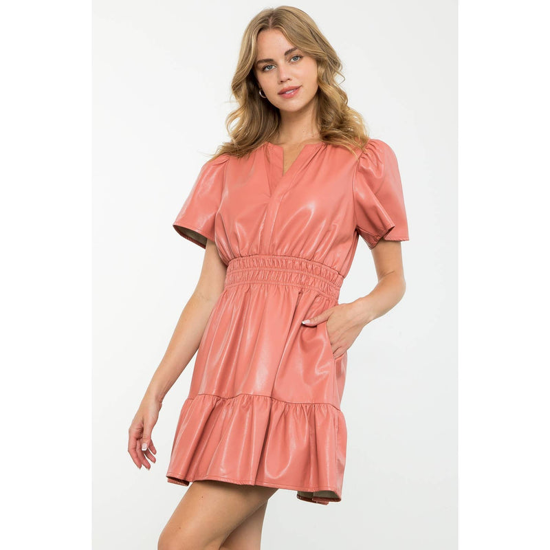 BLUSH SHORT SLEEVE LEATHER DRESS-THML