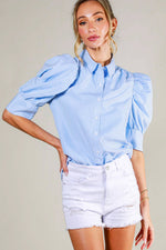 BLUE COLLARED NECKLINE PUFF SLEEVE STRIP PRINT BLOUSE TOP-Vine & Love