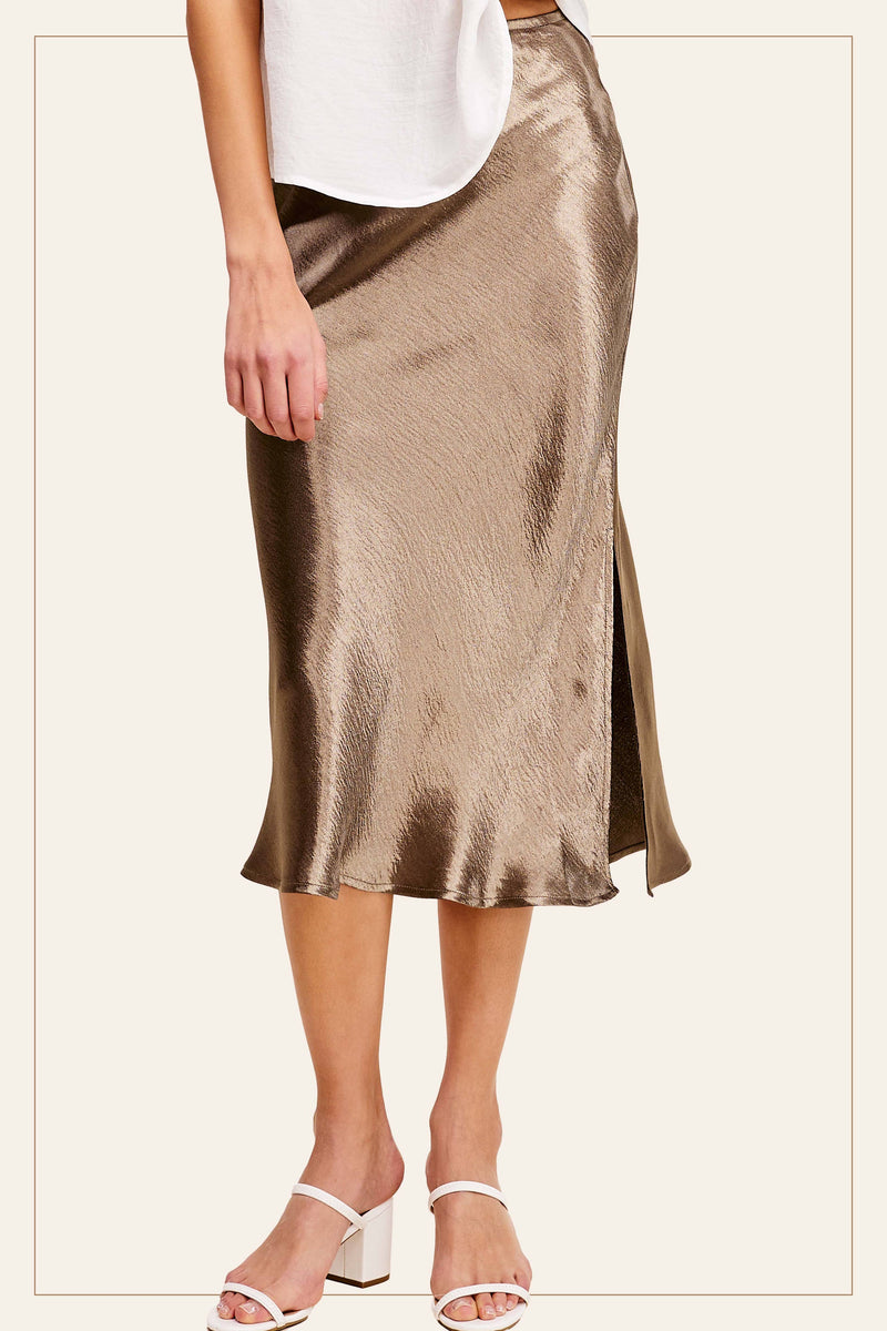 JBP4222-HIGH-WAISTED MIDI LENGTH SATIN EFFECT SKIRT: BROWN / S-La Miel