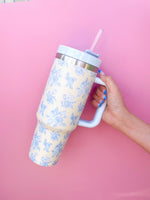 CREAM & BLUE FLORAL 40OZ TUMBLER-Rock Paper Scissors