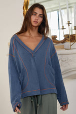 Dusty Blue V-neck Patched Pockets Oversized Solid Ribbed Top-BUCKETLIST