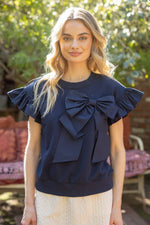 NAVY CONTRAST RIBBON RUFFLE SLEEVE SWEAT TOP-VOY