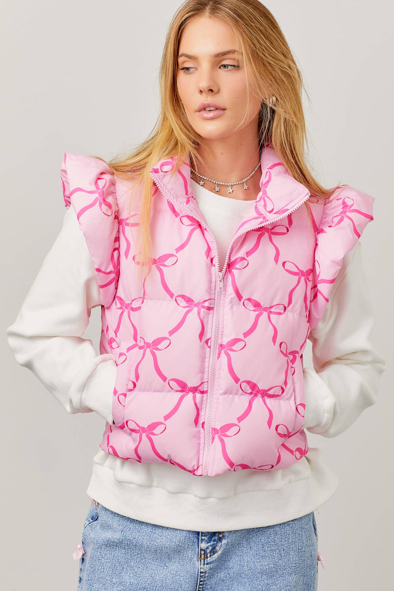 PINK RIBBON BOW PRINTED PUFFER JACKET WITH RUFFLE-Main Strip