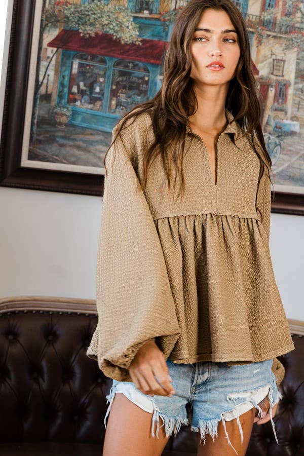 Taupe Collared Split Neck Top-BUCKETLIST