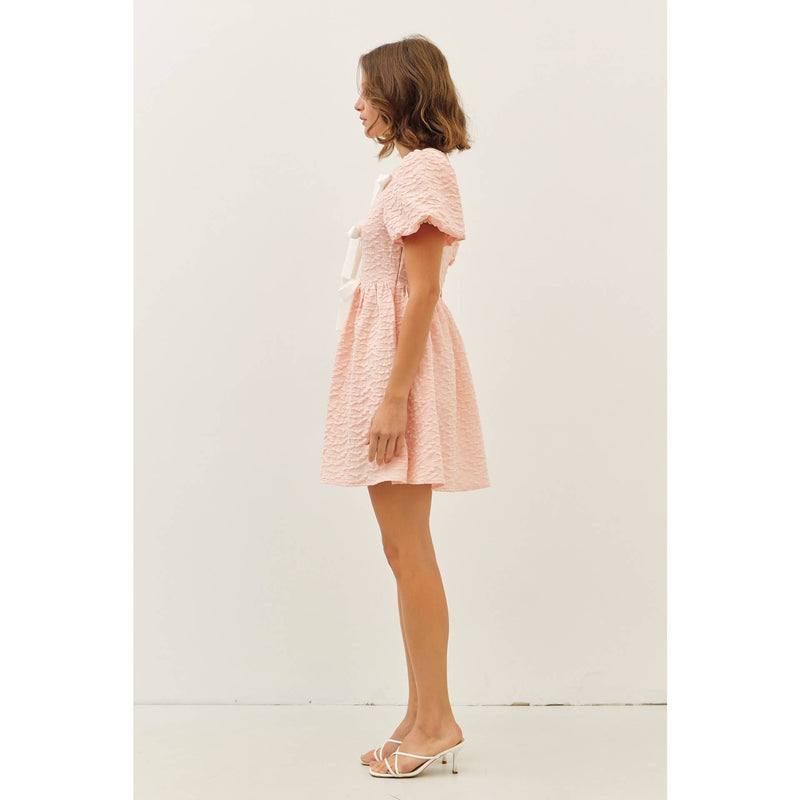 BUBBLE TEXTURED BOW TIE FRONT MINI DRESS-idem ditto-Sissy Boutique