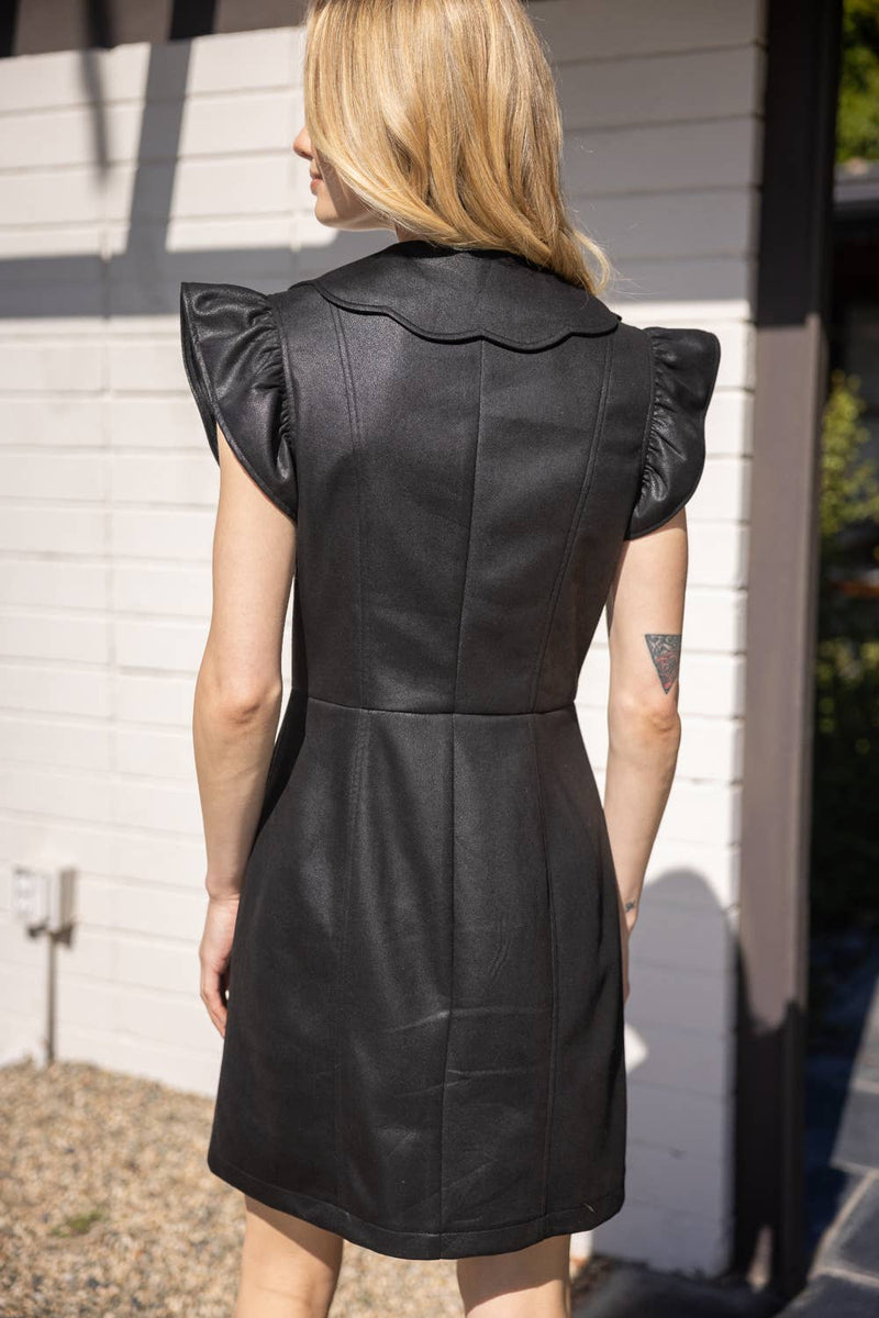 BLACK FAUX LEATHER SCALLOPED DRESS-VOY