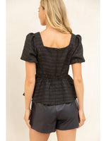 BLACK SQUARE NECK BUBBLE SLEEVE PEPLUM TWEED TOP-VOY