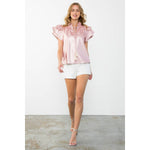 PINK FLUTTER SLEEVE LEATHER TOP-THML