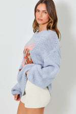 COWBOY BOOTS AND BOW BLUE KNIT LONG SLEEVE SWEATER-Baevely by Wellmade USA