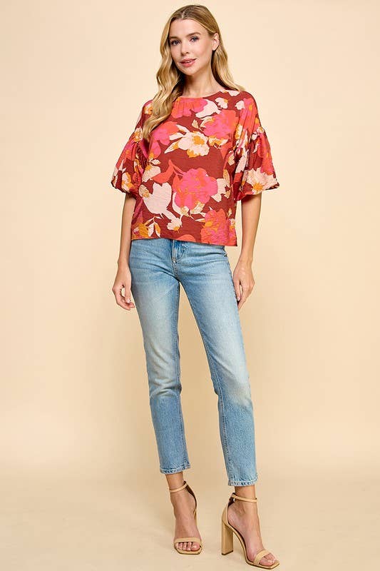 BURGUNDY CORAL FLORAL PRINTED SHORT BALLOON SLEEVES TOP-TCEC