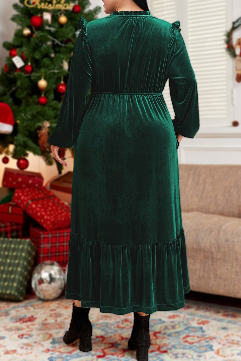 Plus Size Velvet Ruffled High Waist Midi Dress-66DISCO