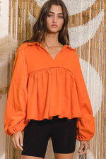 COLLARED SPLIT NECK PLEATING TOP: ORANGE-BUCKETLIST