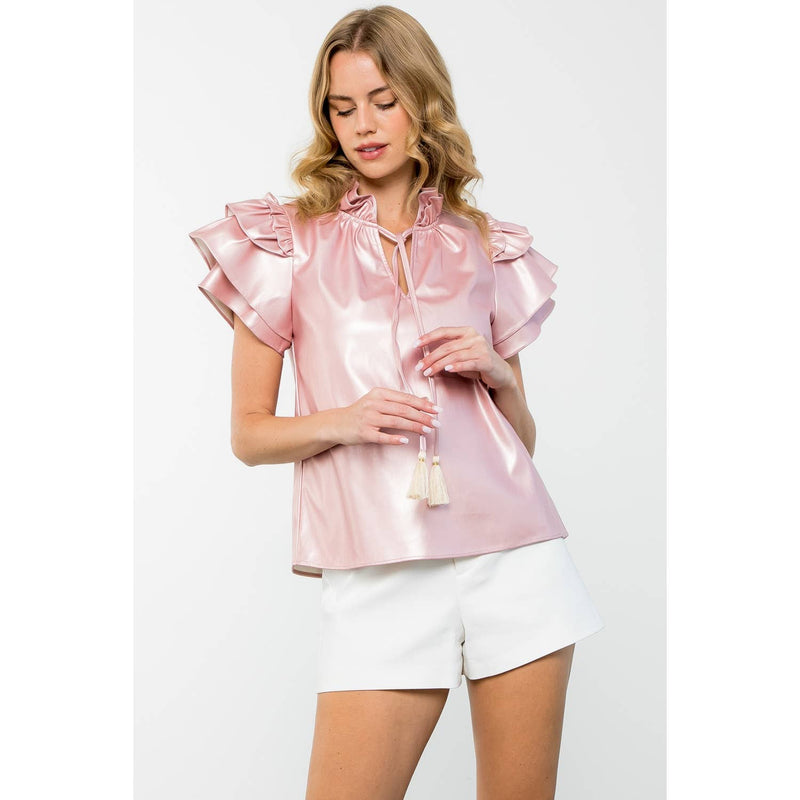 PINK FLUTTER SLEEVE LEATHER TOP-THML