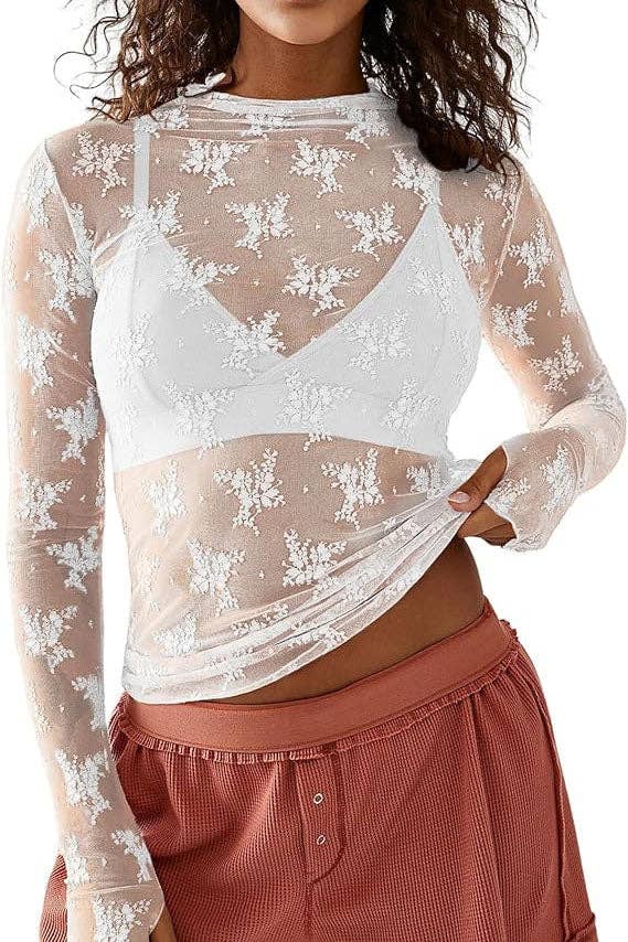 WHITE FLORAL LACE LONG SLEEVE TOP-DE VAVE