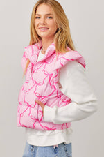 PINK RIBBON BOW PRINTED PUFFER JACKET WITH RUFFLE-Main Strip