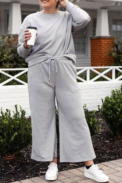 Textured Long Sleeve Top and Drawstring Pants Set-Double Take