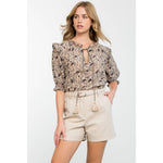 BEIGE AND BLACK FLORAL TASSEL TIE PRINT TOP-THML