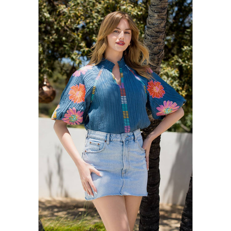 BLUE AND FLORAL EMBROIDERED PUFF SLEEVE TOP-THML