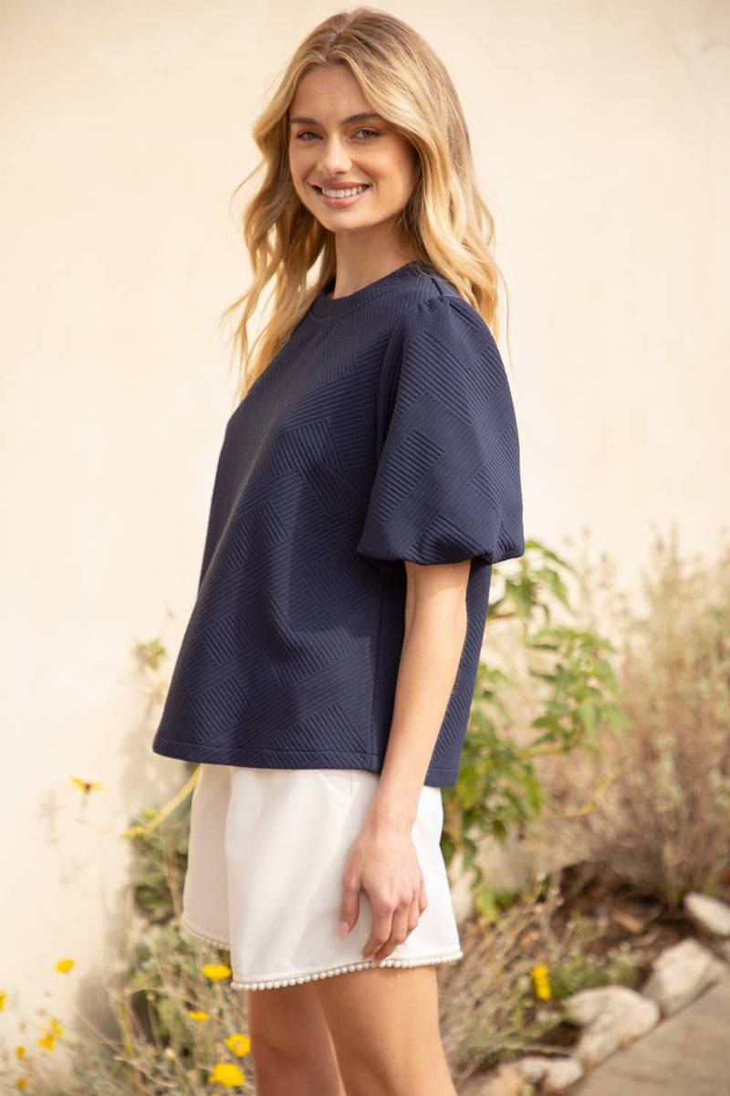 NAVY BUBBLE SHORT SLEEVE TEXTURED KNIT TOP-VOY