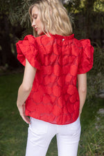 ROSE RED TEXTURED RUFFLE SLEEVE TOP-VOY