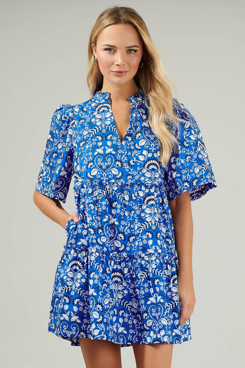 BLUE LULU FLORAL TOMALES SPLIT NECK SHIFT DRESS-Sugarlips