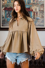 Taupe Collared Split Neck Top-BUCKETLIST