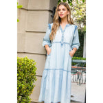 LIGHT DENIM TIERED MIDI DRESS-THML