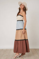 BROWN AND BABY BLUE COLOR BLOCKED TIERED MAXI DRESS-Peach Love California