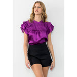 PURPLE SATIN FLUTTER SLEEVE TEXTURED TOP-THML