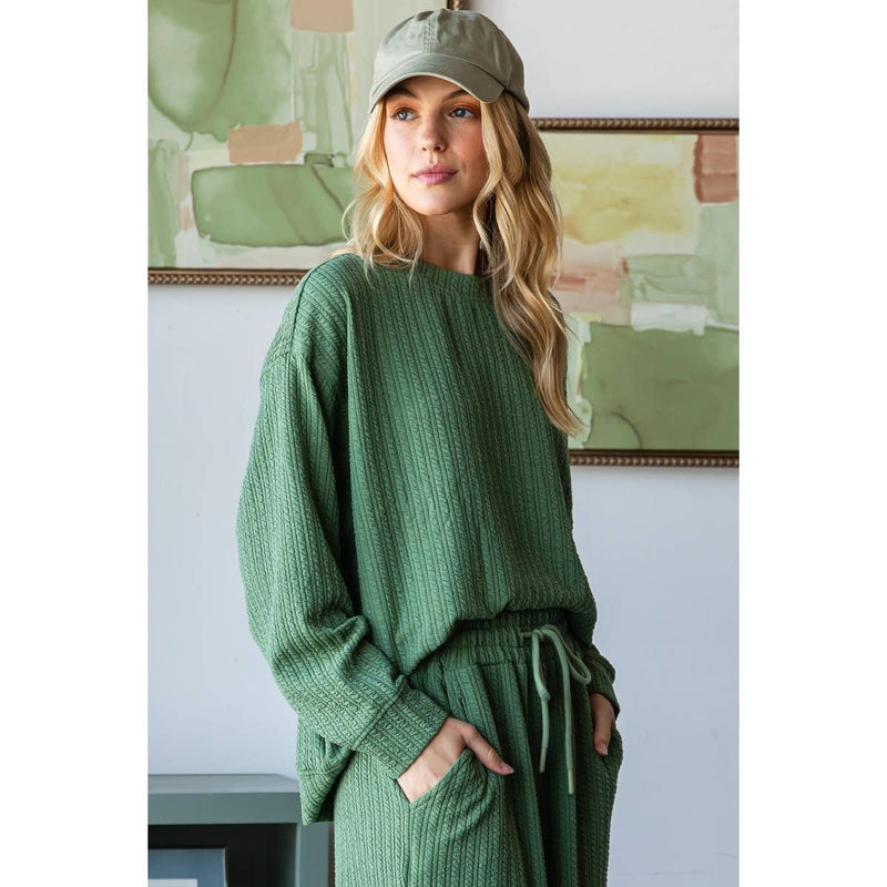 Waffle Textured Knit Long Sleeve Top-Veveret