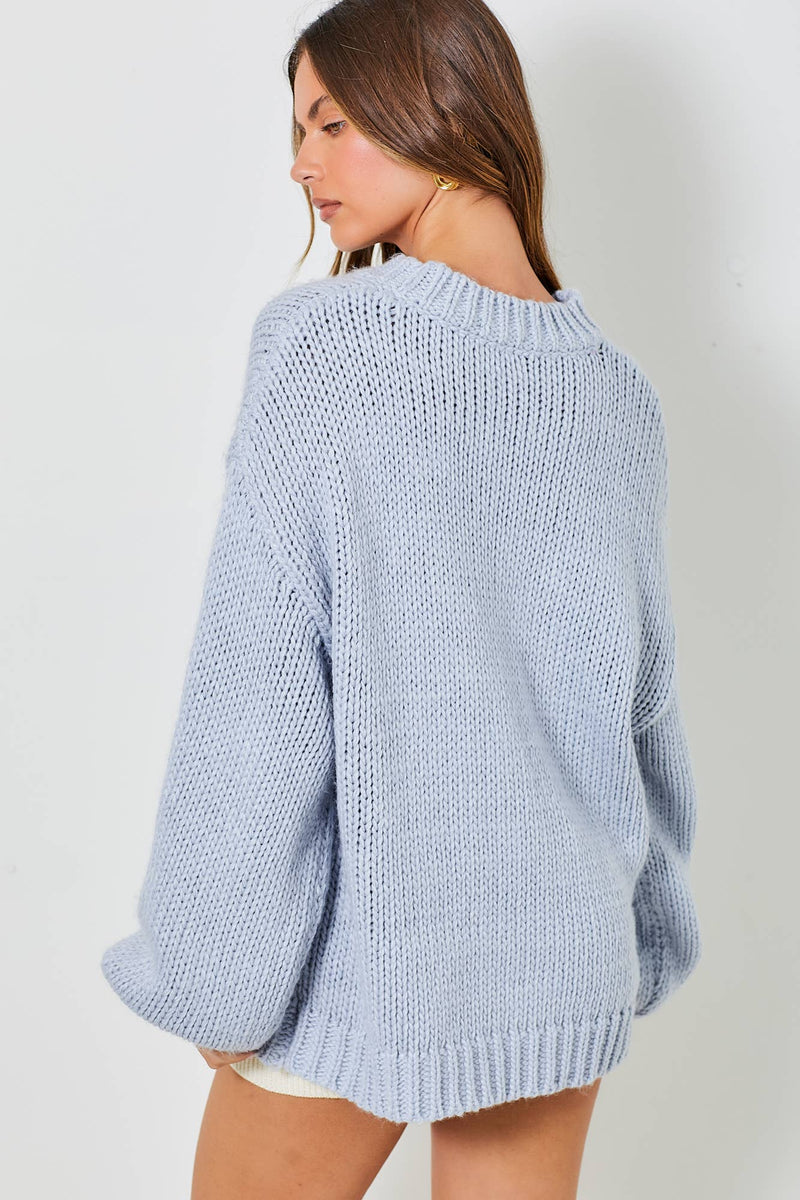 COWBOY BOOTS AND BOW BLUE KNIT LONG SLEEVE SWEATER-Baevely by Wellmade USA