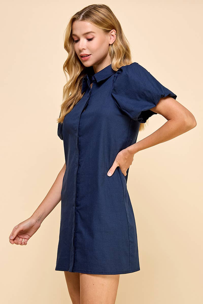 NAVY COLARED PUFF SLEEVE BUTTON DOWN SHIFT DRESS-TCEC