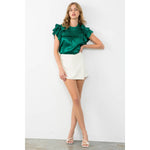 GREEN SATIN FLUTTER SLEEVE TEXTURED TOP-THML