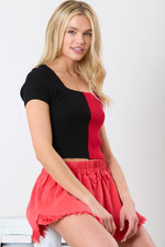 RED AND BLACK COLOR BLOCK VISCOSE KNIT TOP-Peach Love California