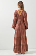 BROWN EMBROIDERED V-NECK MAXI DRESS-Baevely by Wellmade USA