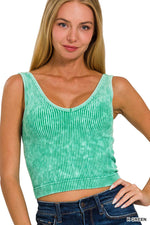 BONE GRAY WASHED RIB CROP V NECK TANK W/ REMOVABLE BRA-42POPS