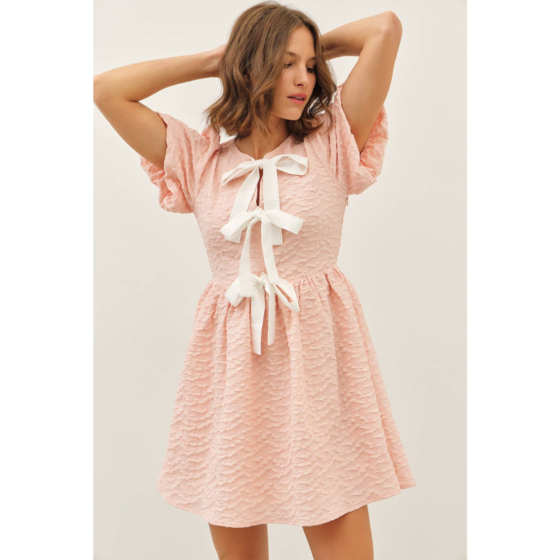 BUBBLE TEXTURED BOW TIE FRONT MINI DRESS-idem ditto-Sissy Boutique