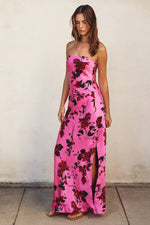 STRAPLESS BIAS CUT ROSE PINK FLORAL MAXI DRESS-Dress Forum