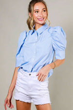 BLUE COLLARED NECKLINE PUFF SLEEVE STRIP PRINT BLOUSE TOP-Vine & Love