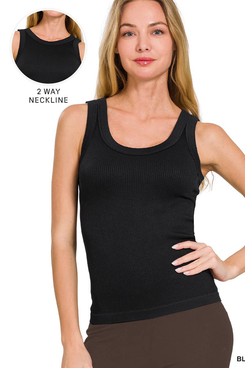 BLACK TWO WAY NECKLINE WASHED RIBBED CROPPED TANK TOP-42POPS