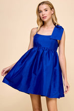 ROYAL BLUE ONE SHOULDER BOW DETAIL MINI PUFF DRESS-TCEC