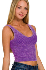 PLUM WASHED RIB CROP V NECK TANK W/ REMOVABLE BRA-42POPS