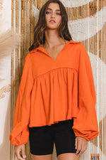 COLLARED SPLIT NECK PLEATING TOP: ORANGE-BUCKETLIST