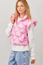 PINK RIBBON BOW PRINTED PUFFER JACKET WITH RUFFLE-Main Strip