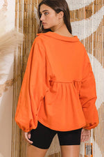 COLLARED SPLIT NECK PLEATING TOP: ORANGE-BUCKETLIST