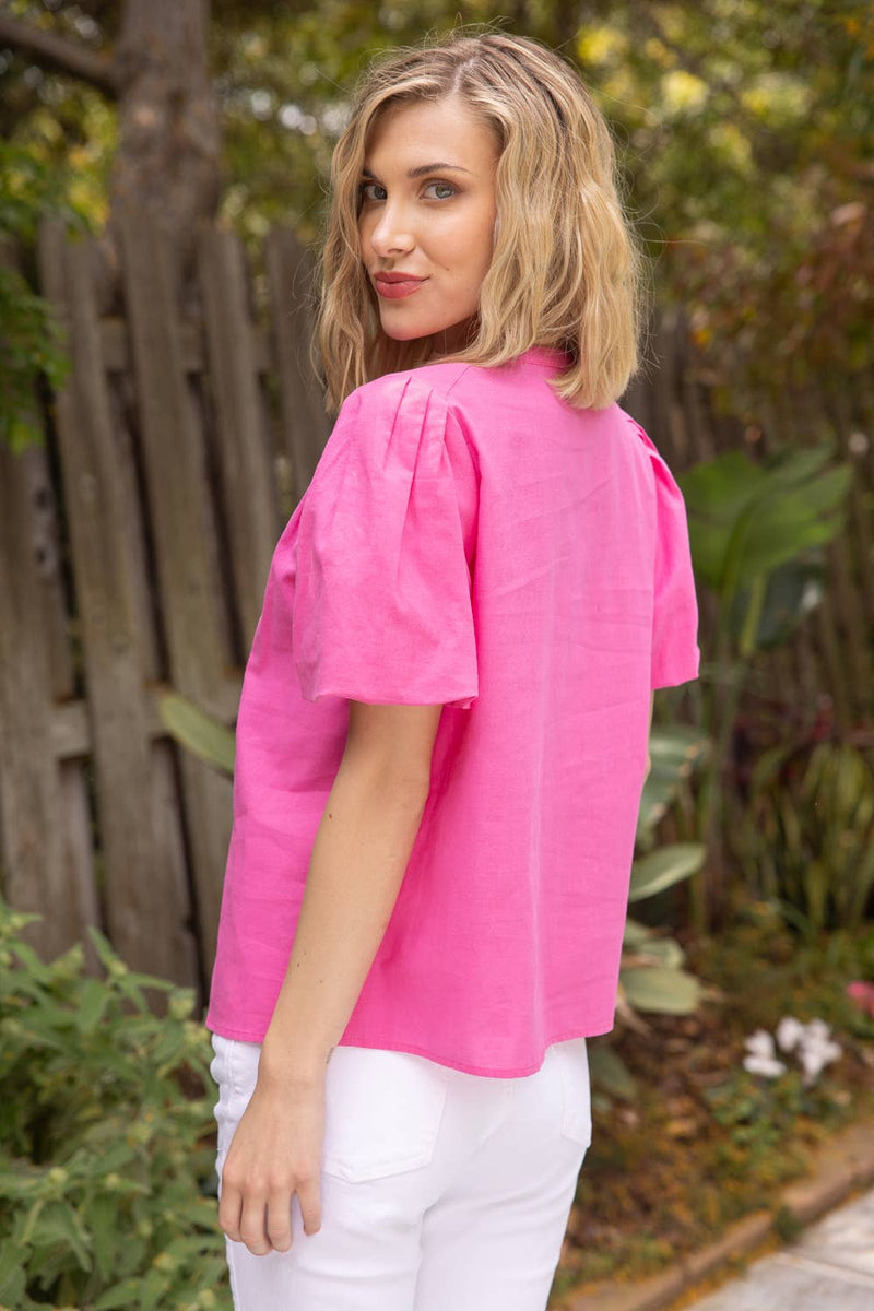 PINK EMBROIDERED BUBBLE SLEEVE TOP-VOY