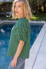 GREEN BRAID DETAILED PUFF SLEEVE TWEED TOP-VOY