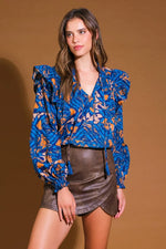 BLUE AND RUST RUFFLED BLOUSE-FLYING TOMATO